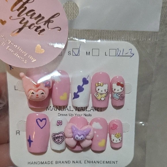 Handmade Hello Kitty Kuromi And My Melody Pink Press On Nail Art Set - Picture 2 of 6